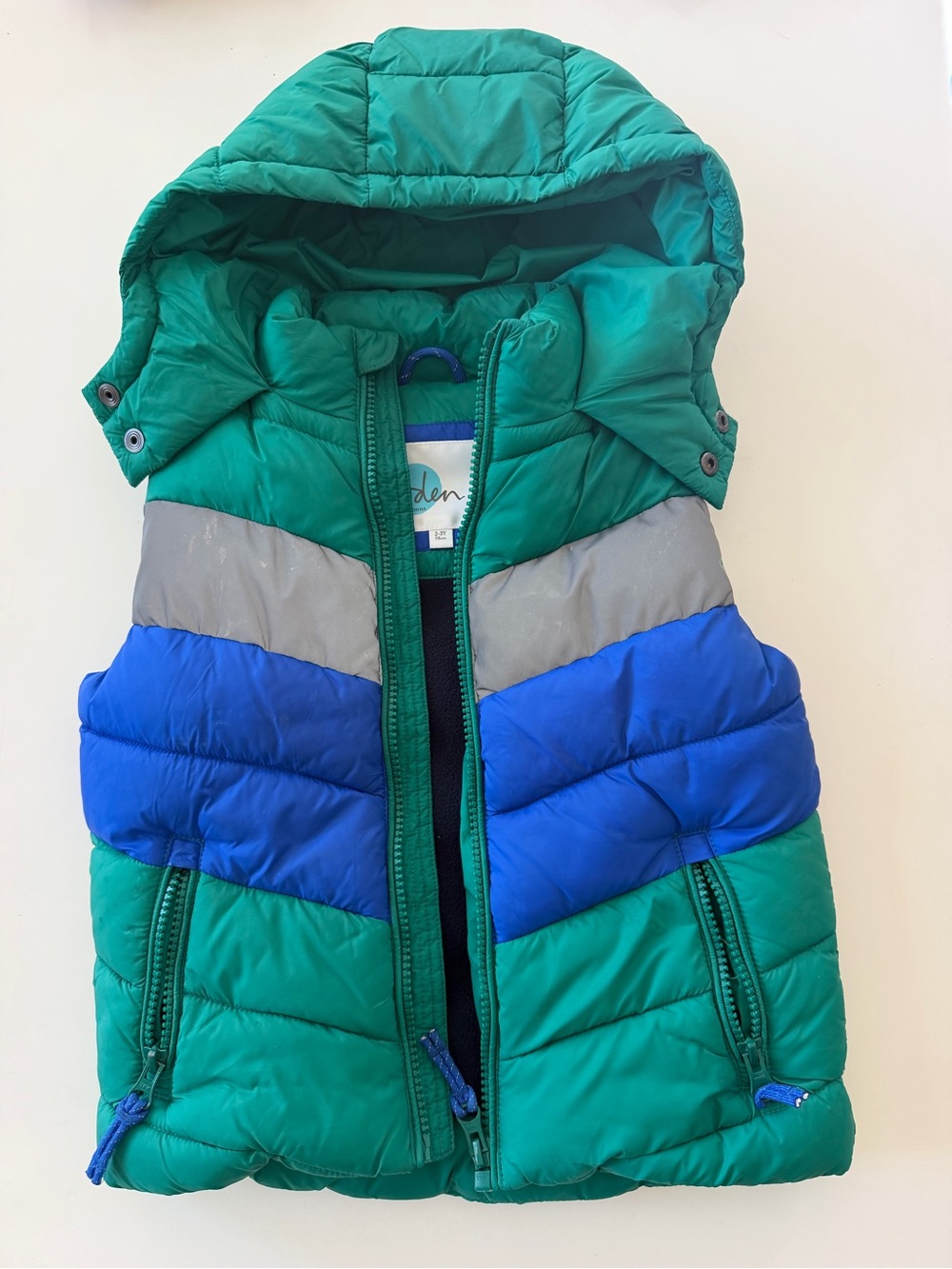 Boden Green, Blue & Gray Hooded Puffer Vest